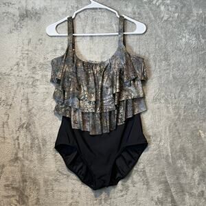 Magicsuit Women’s One Piece Swimsuit‎ Size 14 Ruffles Crackle Gray Pattern